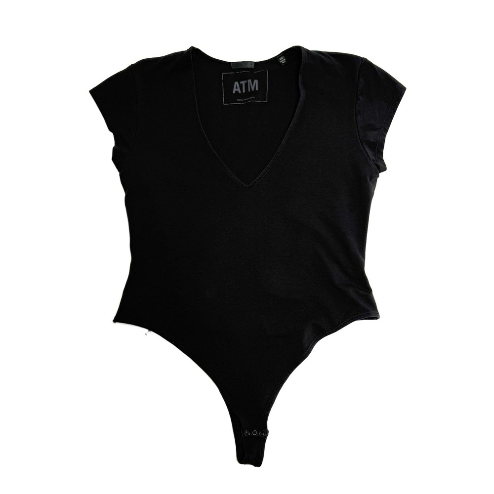 ATM Anthony‎ Thomas Melillo Black Short Sleeve Bodysuit Large Stretch Minimalist